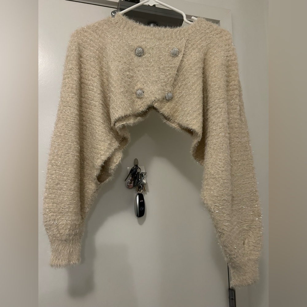 Cream Metallic Thread Cropped Shrug Cardigan Size S